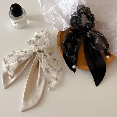 Französisch Vintage Schleife Band Haargummis Chiffon Satin Stoff Blumenmuster Elastisch Haarseil Mit Künstliche Perle