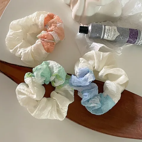 Chouchous Dégradés Tie-Dye Style Japonais Doux pour Femmes Filles Corde à Cheveux en Organza à Volants Faits à la Main