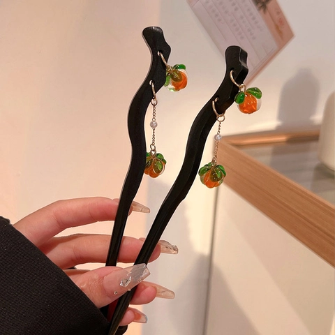 Vintage Handgefertigt Ebenholz Haarstab Khaki Anhänger Künstliche Perle Quaste Haarnadel Für Damen Antiker Stil Chinesischer Haargabel