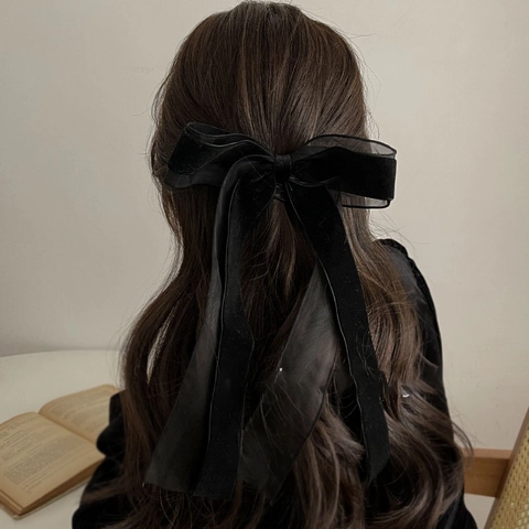 Große Schwarze Samtschleife Haarklammer Für Damen Vintage Doppellagiges Netz Band Streamer Schleife Federclip Haarschmuck