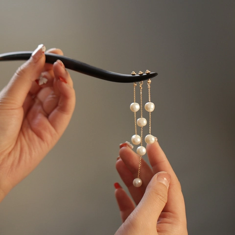 Horquilla de Pelo de Madera Estilo Chino Vintage Con Borlas de Perlas Artificiales Largas Accesorio Elegante Hecho a Mano para Mujer