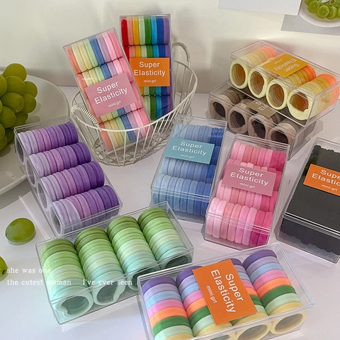 Women High Elasticity Hair Ties Durable Seamless Ribbed Scrunchies Multicolor Gradient Hair Ropes And Storage Box For Girls