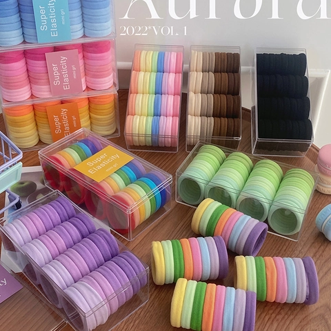 Women High Elasticity Hair Ties Durable Seamless Ribbed Scrunchies Multicolor Gradient Hair Ropes And Storage Box For Girls