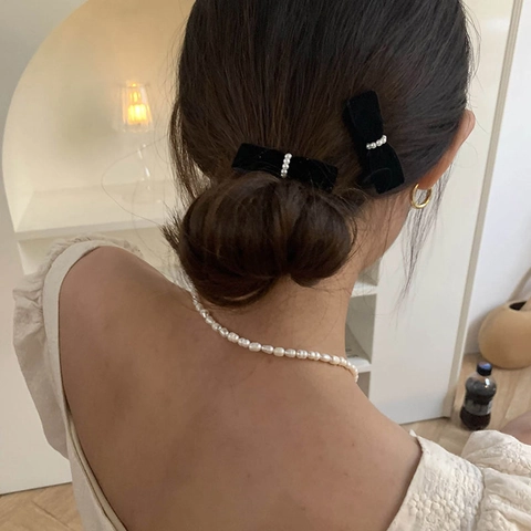 Eleganter Schwarzer Samt Schleife Haarspange Mit Künstliche Perle Handgefertigt Vintage Koreanischer Stil Haarschmuck Damen