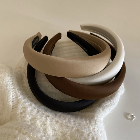 Korean Style Elegant Satin Padded Sponge Headband Solid Color Thick Hairband For Women Versatile Retro Handmade Hair Accessories