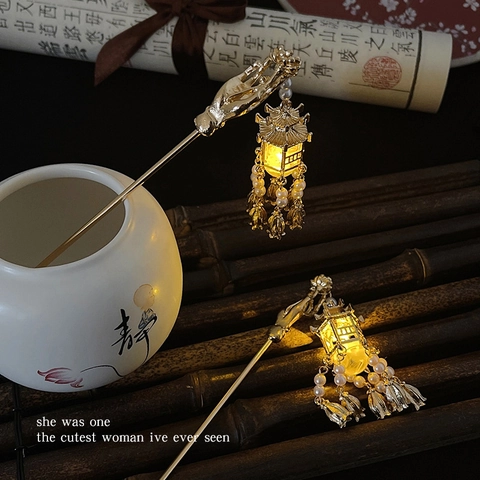 Vintage Alter Chinesischer Stil Leuchtende Laterne Haarstab Mit Quaste Künstliche Perle Elegant Palace Gold Haarnadel Für Damen