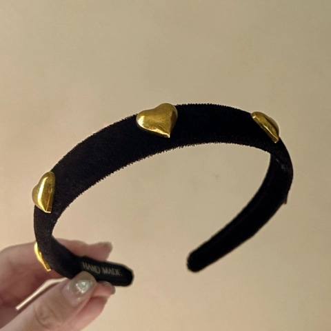 Vintage Flocked Heart Headband Women Black Polyester Cotton Hair Hoop Gold Heart Decoration Retro Hair Accessories