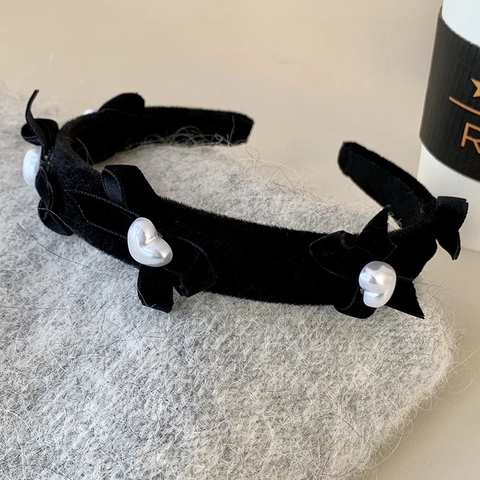 Serre-tête en Velours Noir Rétro Français Avec Nœud Künstliche Perle Fausse Cœur Élégant Couronne Haute Accessoires Cheveux Femme