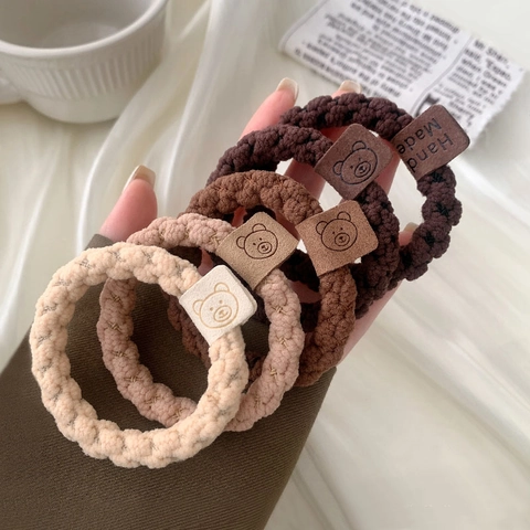 Simple High Elasticity Knitted Plush Hair Ties For Women Durable Bear Pattern Ponytail Holder Scrunchies Handmade Hair Accessories