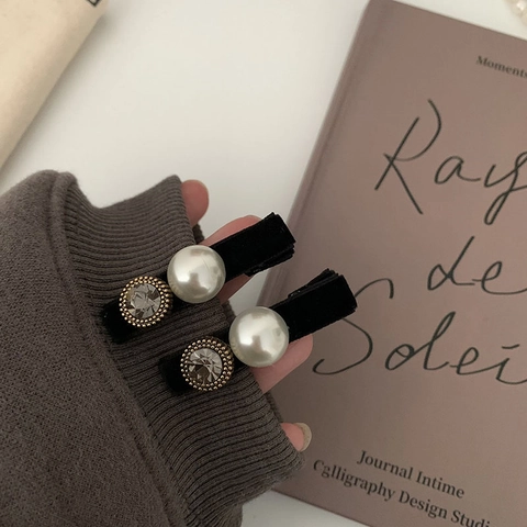 Barrettes à Cheveux en Velours Vintage Français Avec Perle Artificielle Et Strass Gris Pour Femmes Pinces Croco Noires Élégantes Paire