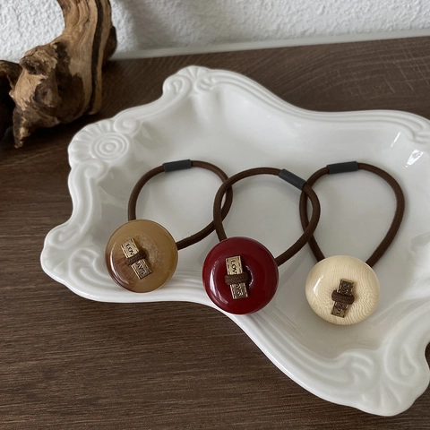 Retro Knopf Haargummi Damen Acryl Material Metall Love Days Anhänger Hohe Elastizität Haarbänder Creme Weinrot Kaffee
