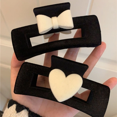 Vintage Frans Zwart Fluweel Haarklem Grote Haai Clip Hart Strikje Elegant Hepburn Stijl Haaraccessoires Voor Dames
