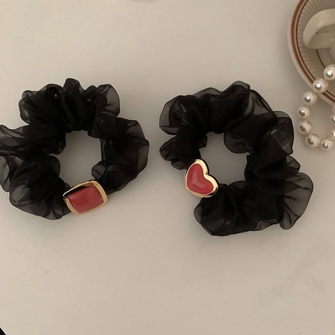 French Vintage Black Organza Scrunchie With Gold Trimmed Red Resin Heart Square Decor Elegant Hair Elastic Accessories For Women