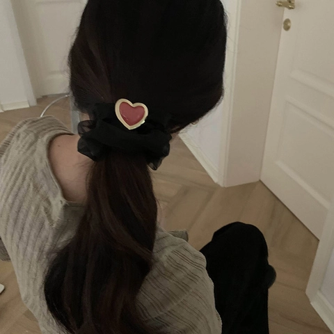 French Vintage Black Organza Scrunchie With Gold Trimmed Red Resin Heart Square Decor Elegant Hair Elastic Accessories For Women