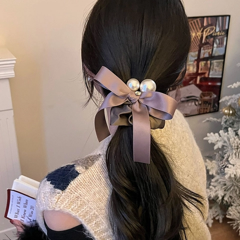 Elegante Scrunchie Met Strik En Lint Voor Dames Satijnen Stof Haarelastiek Met Grote Nep Kunstparels Vintage Franse Stijl Accessoires