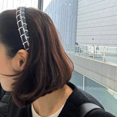 Vintage Hand Woven Headband Denim Blue Contrast Color Spliced Korean Style Hairband For Women Vacation Daily Hair Accessories