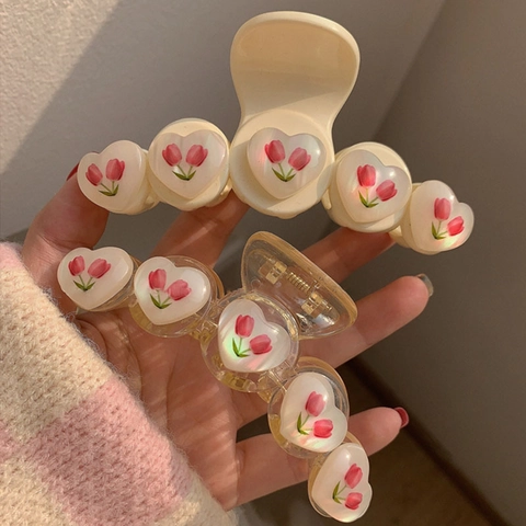 Koreaanse Stijl Hars Haarklem Met Roze Tulp Hart Bloemenprint Retro Zoete Haaraccessoires Voor Vrouwen Dagelijks Gebruik