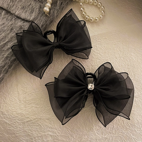 Pinza para el Cabello Elegante con Lazo Grande Negro de Organza para Mujer Accesorios para el Cabello de Gasa en Capas Vintage