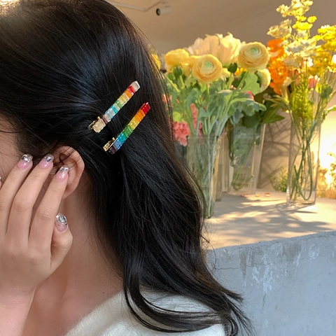 Fermaglio per Capelli in Lega con Strass Arcobaleno Sfumatura Colorata a Becco d'Anatra per Donna Accessori Moda Gioielli Colorati