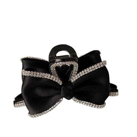 French Style Black Satin Bowknot Hair Claw Clip With Rhinestone Edges Elegant Shark Clip For Women Daily Hair Accessories