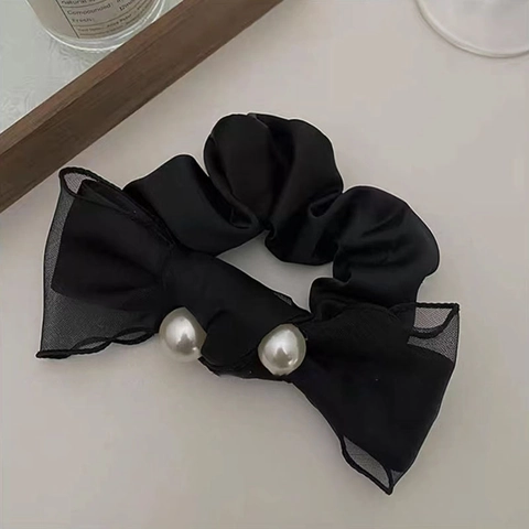 Elegante Coletero de Lazo Negro Con Perla Artificial Tela Malla Lazo para el Pelo Alta Elasticidad Accesorio para el Pelo Mujer