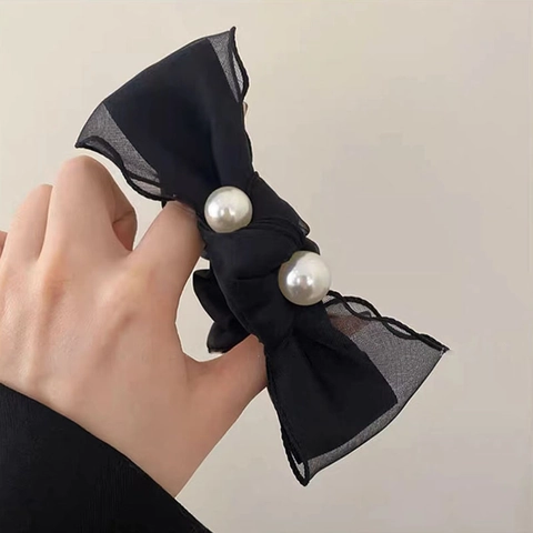Elegante Coletero de Lazo Negro Con Perla Artificial Tela Malla Lazo para el Pelo Alta Elasticidad Accesorio para el Pelo Mujer
