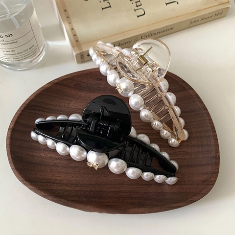 Elegante Grande Pinza per Capelli con Perle Artificiali e Fiocco in Metallo Artiglio per Capelli in Resina da Donna Accessorio