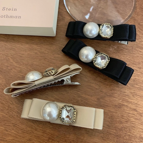 Eleganti Fermagli per Capelli con Fiocco in Nastro di Raso Con Perla Artificiale Strass Becco d'Anatra Vintage per Donna