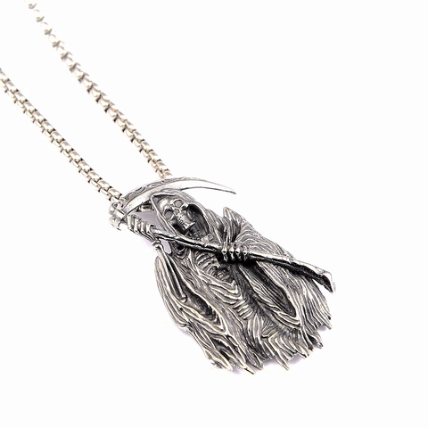 Gothic Stainless Steel Grim Reaper Scythe Pendant Necklace Vintage Distressed Antiqued Silver Finish Unisex Halloween Punk Jewelry