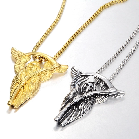 Gothic Stainless Steel Grim Reaper Scythe Pendant Necklace For Men Women Punk Vintage Wings Skull Death Ghost Halloween Jewelry