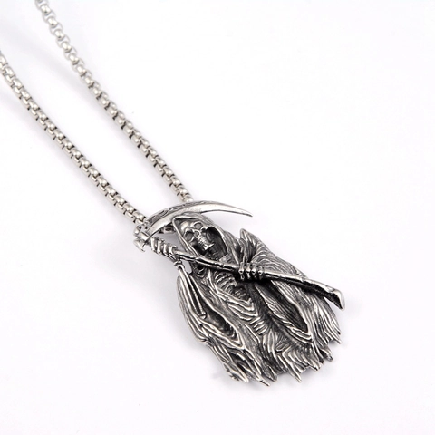 Gothic Stainless Steel Grim Reaper Scythe Pendant Necklace Vintage Distressed Antiqued Silver Finish Unisex Halloween Punk Jewelry