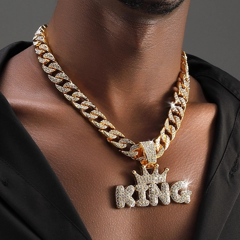 Collana Hip Hop Iced Out Con Ciondolo Lettera King Design Corona Lega Strass Catena Cubana per Uomo Gioielli