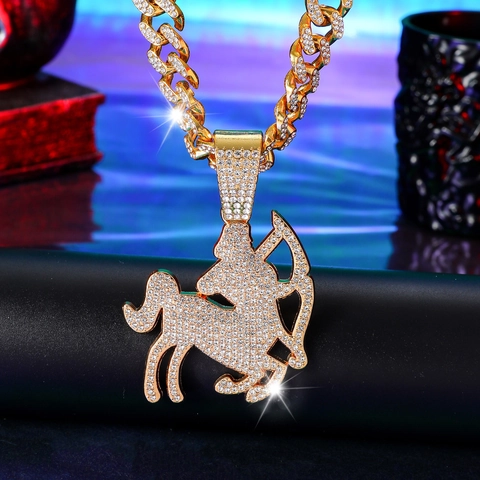 Hip Hop Zinc Alloy Twelve Zodiac Sign Pendant Necklace Iced Out Rhinestone Cuban Chain Trendy Birthday Jewelry Gift For Men Women