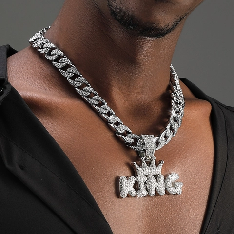 Collana Hip Hop Iced Out Con Ciondolo Lettera King Design Corona Lega Strass Catena Cubana per Uomo Gioielli