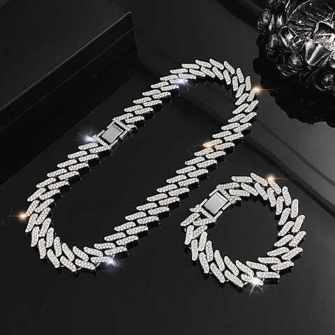 Hip Hop Iced Out Cuban Link Necklace And Bracelet Suit Zinc Alloy Rhinestone Jewelry For Men Women Daily Party Decor