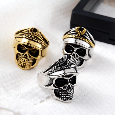 Stainless Steel Skull Officer Hat Ring Punk Gothic Eagle Badge Biker Hiphop Ring For Men Cool Decorative Jewelry Accessory