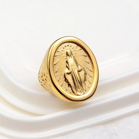 Anello con Sigillo a Rilievo della Vergine Maria in Acciaio Inossidabile Placcato Oro Religioso Medaglione Ovale Uomo Donna