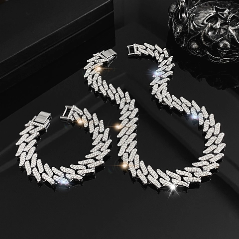Hip Hop Iced Out Cuban Link Necklace And Bracelet Suit Zinc Alloy Rhinestone Jewelry For Men Women Daily Party Decor
