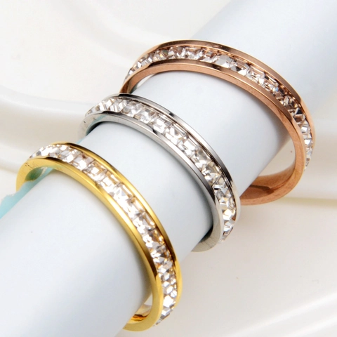 Anello Eternity Hip Hop in Acciaio Inossidabile con Strass Taglio Quadrato Oro Argento Oro Rosa Gioielli Unisex alla Moda