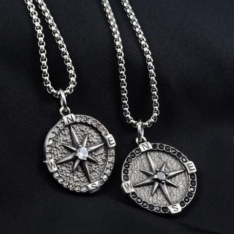 Vintage Stainless Steel Compass Pendant Necklace For Couples Retro Star Compass Pave Rhinestone Personalized Fashion Jewelry Unisex
