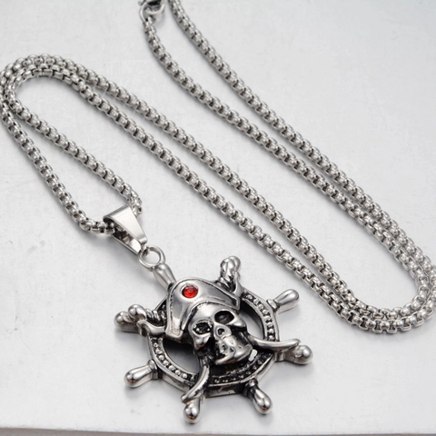 Collana con Pendente Teschio Pirata in Acciaio Inossidabile Retro Con Strass Rosso Timone Lucido Gioielli Gothic Punk per Uomo Donna