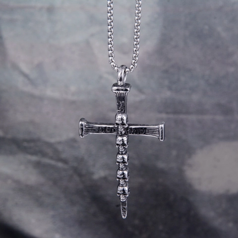 Vintage Titanium Steel Skull Cross Nail Pendant Necklace Gothic Punk Retro Silver Jewelry For Unisex Daily Party Accessory