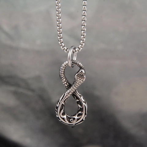 Collana con Pendente Infinito Serpente Uroboro in Acciaio Inossidabile Vintage Gotico Punk Argento Antico Gioielli Donna Uomo