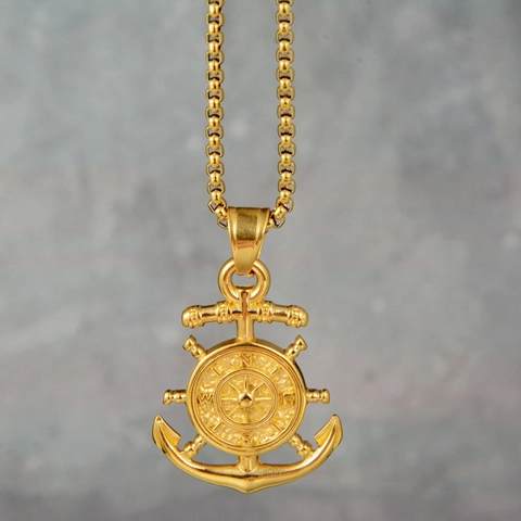 Vintage Nautical Compass Anchor Ship Wheel Pendant Necklace Men Stainless Steel Box Chain Alloy Compass Pendant Jewelry