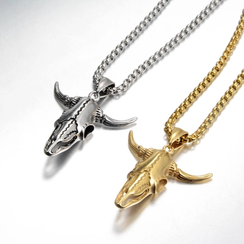 Men Stainless Steel Bull Skull Pendant Necklace Retro Gothic Punk Style Animal Bone Jewelry Hip Hop Party Daily Wear