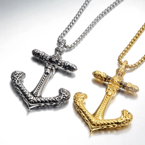 Vintage Gothic Skull Anchor Pendant Necklace Stainless Steel Punk Nautical Jewelry For Men Daily Party Fashion Accessories