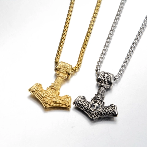 Viking Thor's Hammer Mjölnir Pendant Necklace Men Retro Titanium Stainless Steel Valknut Rune Punk Jewelry Accessory Gift