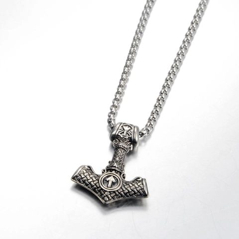 Viking Thor's Hammer Mjölnir Pendant Necklace Men Retro Titanium Stainless Steel Valknut Rune Punk Jewelry Accessory Gift