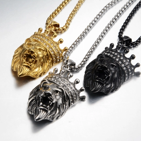 Hip Hop Löwe Kopf Krone Anhänger Halskette Edelstahl Zirkonia Eingelegt Herren Retro Punk Rock Party Schmuck Gold Silber