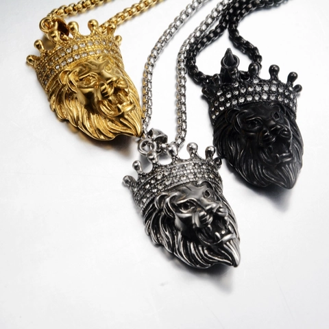 Hip Hop Löwe Kopf Krone Anhänger Halskette Edelstahl Zirkonia Eingelegt Herren Retro Punk Rock Party Schmuck Gold Silber